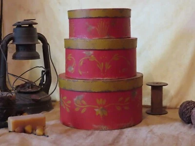 Set Of 3 HandPainted FolkArt Primitive Round Red Ware Colonial/Shaker Box's - Image 1 of 4