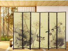 Asian Style Woven Bamboo Room Divider Screen- Dark Brown Wood Frame Lotus Flower