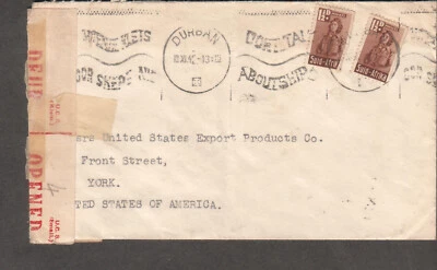 South Africa 1942 WWII censor cover Monarch Clothing & Shirt Mfg Durban to NY - Image 1 of 2