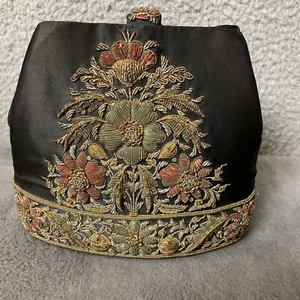 Vintage Zardozi Handbag Metal Embroidery Womens Black Satin Floral Wrist Purse - Picture 1 of 7