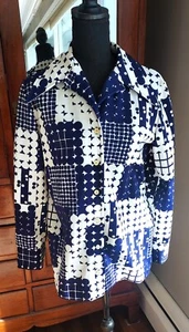 Vintage womens shirt blouse mod blue white geometric patchwork USA L XL - Picture 1 of 11