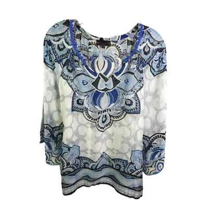 Top túnica para mujer Hale Bob con cuentas de seda blanco y azul persa estampado floral transparente S - Imagen 1 de 11
