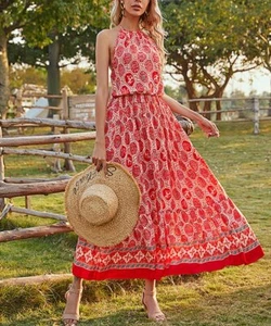 Red Geometric Halter Dress Size L - Picture 1 of 4