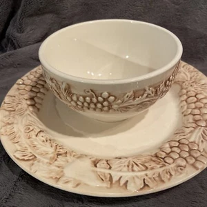 Euro Ceramica Vineyard Dinnerware Biege and Brown 14 Piece Set 6 Bowls 6 Plates - Picture 1 of 9