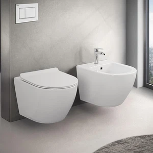 Coppia Sanitari Sospesi RIMLESS Ceramica Bianco Compatto Salvaspazio Profondità - Foto 1 di 24