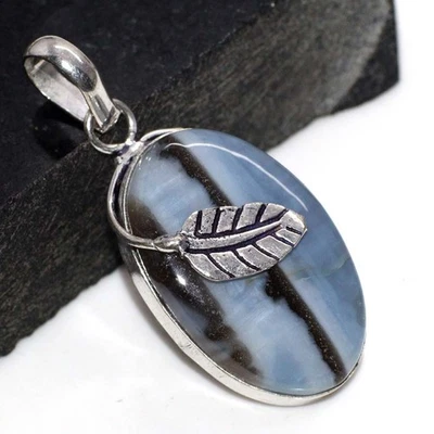 925 Silver Plated Leaf Owhyee Blue Opal Pendant Jewelry Size 1.7" GW - Image 1 of 3