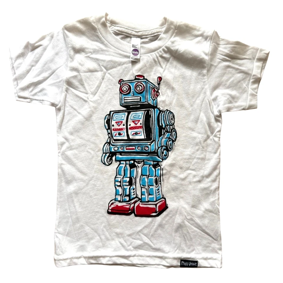 Kids White T-Shirt With Retro Robot Graphic By American Apparel Size 4 Made In T - Image 1 of 3