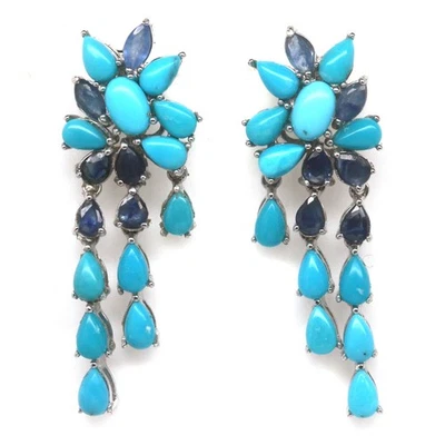 Plata de ley 925 4 x 6 mm. Pendientes turquesa azul y zafiro azul Foto 1 de 4