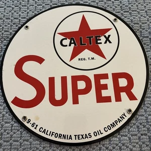 VINTAGE 1961 12” SIGN CALTEX GASOLINE PORCELAIN CALIFORNIA TEXAS OIL CO SIGN - Picture 1 of 12