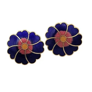 Pendientes con clip de flores vintage azul rosa esmaltado dorado contorno central - Imagen 1 de 5