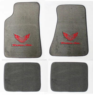 NEW! Carpet Floor Mats Gray 1982-2002 PONTIAC FIREBIRD Embroidered Logo RED 4pc - Image 1 of 4