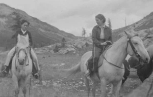 Two Pretty Women Riding Horses Scenic Outdoor Setting Adventure Nature 1930s - Picture 1 of 3