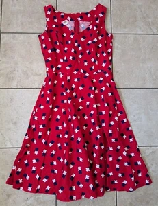 Vintage 60s 80s Sz 8/M Red Navy White Cotton Abstract Floral Print Dress - Picture 1 of 4