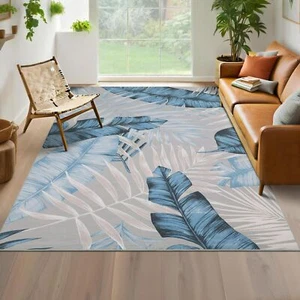 Large Area Rug 8x10 Blue Washable Rug for Living Room Tropical Plant Throw Ru... - Picture 1 of 7
