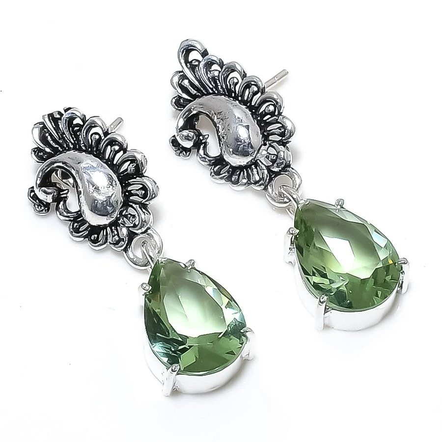 Brinco de prata esterlina 925 com pedra preciosa de ametista verde tamanho 1,4"" - Imagem 1 de 1