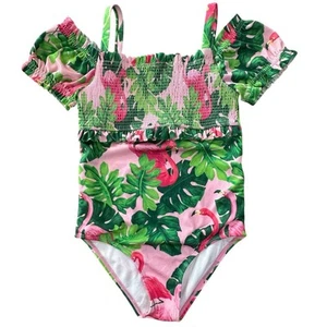 NWOT Janie and Jack Girls Size 7 Tropical Pink Flamingo 1 Piece Ruffle Swimsuit - Picture 1 of 12