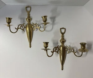 Vtg Pair Of Japan Brass Double Arm Sconce Candlestick Holders Wall Mount 10x10” - Picture 1 of 12