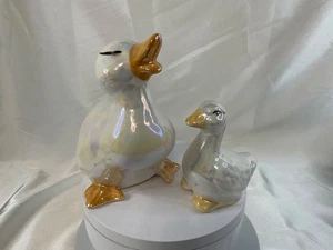 Ceramic Mother & Child White Luster Glazed Goose Figurines Lusterware - Picture 1 of 8