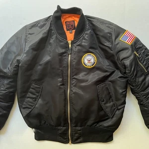 Bomber Jacket Coat US Navy Mens M Bravo Series Burks Bay Patches Black Satin - Picture 1 of 12