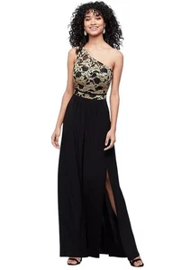 Davids Bridal Morgan & Co One-Shoulder Formal Dress Plus 22 Black/Gold Lace Maxi - Picture 1 of 13