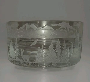 Perry Coyle Etched Glass Bowl Mountain Scene Goats Deer Forest Birds Thick Heavy - Picture 1 of 20