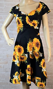 Hanpceirs Cap Sleeve 50s Retro Swing Dress Sunflower Daisy Pockets Women's L