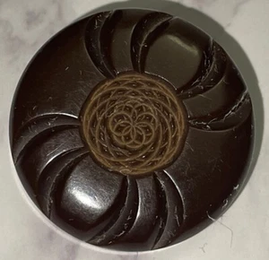 Vintage Carved Brown Bakelite Coat Button Metal Shank 124-62 - Picture 1 of 5