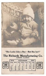 RICHARDS MANUFACTURING CO Aurora IL ~ 1910 Calendar Advertising Card ~ FREE SHIP - Picture 1 of 2