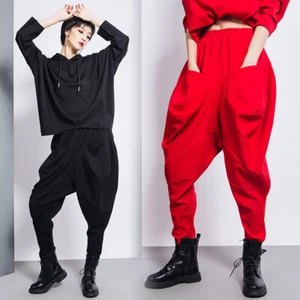 Women Drop Crotch Pants Trousers Elastic Waist Pocket Tapered Baggy Hip Hop - Picture 1 of 13