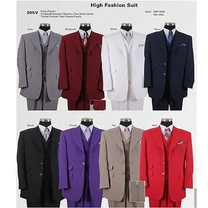 New Men's 3 Pc Poly- Poplin Fashion Suit With Collared Vest Two Side Vents 905V - Picture 1 of 9