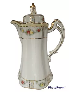 VNTG NIPPON HAND PAINTED 9.5” CHOC. POT WHITE GOLD CREAM RED/YELLOW ROSES JAPAN - Picture 1 of 4
