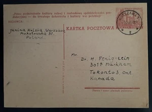 1953 Poland 40Gr Stamped Postcard cancelled Warsaw to Toronto Canada - Bild 1 von 2