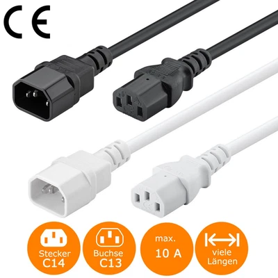 Kaltgeräteverlängerung C13 Stecker auf C14 Buchse PC Beamer Monitor Stromkabel - Bild 1 von 4