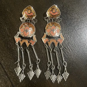 Vintage Edgar Berebi lange Ohrhänger silberfarben Koralle Emaille Ohrringe - Bild 1 von 10