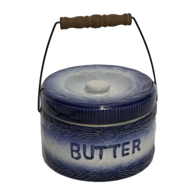 Salt Glaze Stoneware Butter Crock Blue & White Cow & Flower Pattern Pottery - Image 1 of 4