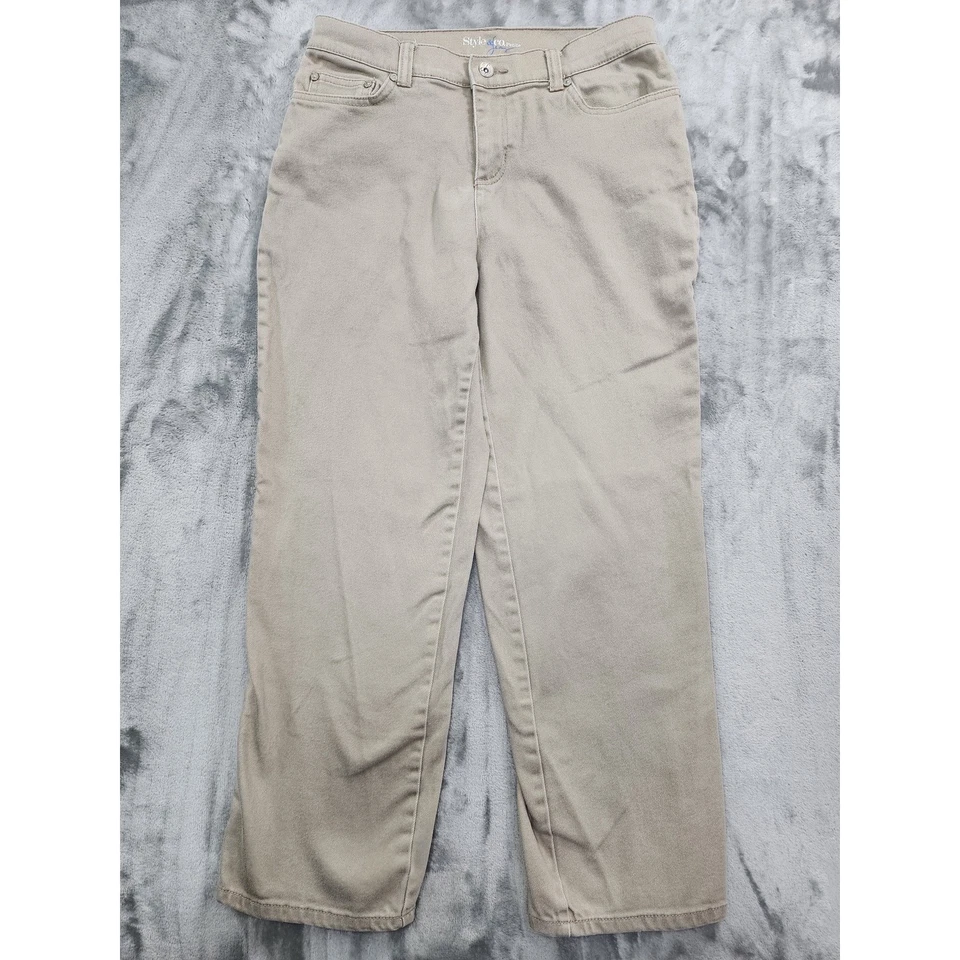 Pantalones de mezclilla elásticos Style&Co para mujer 6P PETITE color tostado ajuste fácil tiro medio pierna recta Foto 1 de 4