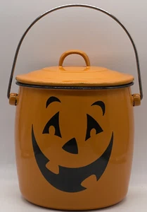 Hallmark Halloween Orange Enamelware Pumpkin Jack-o-Lantern Metal Candy Pail 10" - Picture 1 of 12