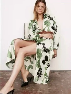 Zara Woman's Size M Green Floral Print Midi Button Front Shirt Dress NWT - Picture 1 of 4