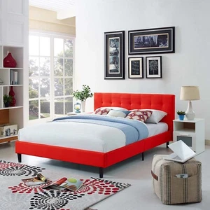 Modway Linnea Upholstered Atomic Red Full Platform Bed with Wood Slat Support - Picture 1 of 5