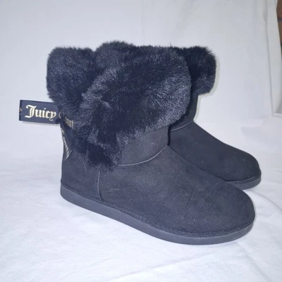 Juicy Couture Women's 7.5 King  Faux Suede Cozy Winter Snow Boots Black Fur NEW - Image 1 of 4