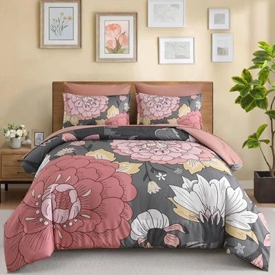  Conjunto de edredom floral tamanho cinza rosa boho cama em uma bolsa, 7 queen cinza/rosa - Imagem 1 de 4