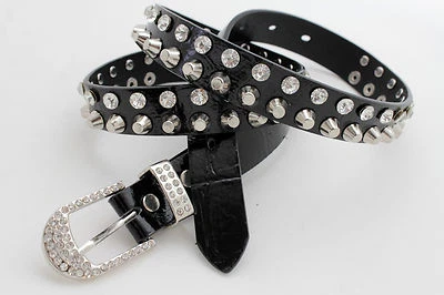 Mujeres Western Ajustado Cinturón Negro Plateado Metal Tachuelas Estrás Hebilla Talla L Foto 1 de 4