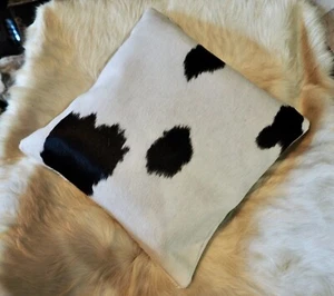 A Black on White - A Premium Cowhide Leather 40CM Sq Cushion Cover - Picture 1 of 8