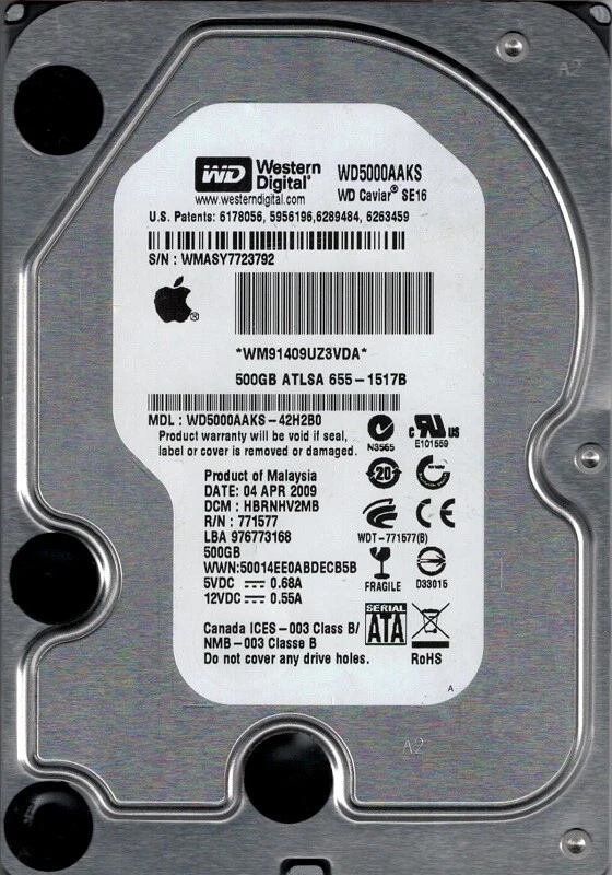 WD5000AAKS-42H2B0 MAC 500GB DCM: HBRNHV2MB WMASY Western Digital - Image 1 of 1