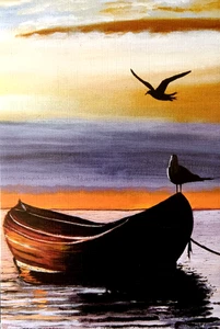 Tarjeta de felicitación costa océano barco mar amanecer atardecer puerto de gaviotas - Imagen 1 de 1