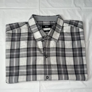 Hugo Boss Men's Large Slim Fit White/Black Plaid Dress Shirt - Picture 1 of 18