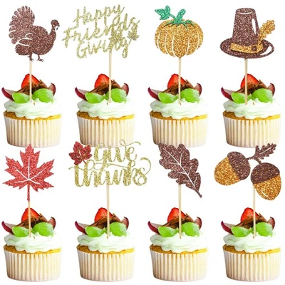 Conjunto de 24 enfeites de cupcake Chewarelly Happy Thanksgiving, glitter laranja - Imagem 1 de 4