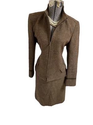 全新 Kasper 裙子套装 尺寸 10 适合 8 两件套 人字形羊毛 VINT — 第 1/4 张图片