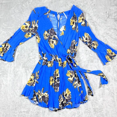 Mameluco Free People PXS Cuello en V Manga Campana Azul Floral Manga 3/4 Boho Festival Foto 1 de 4