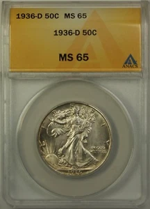 1936-D Walking Liberty Silver Half Dollar, ANACS MS-65 - Picture 1 of 2
